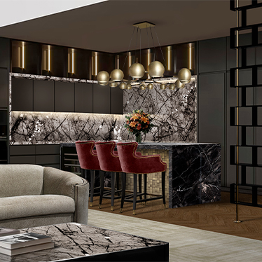 HANOI Screen, HORUS Suspension Light, DUKONO Counter Stool, WALES II Sofa 